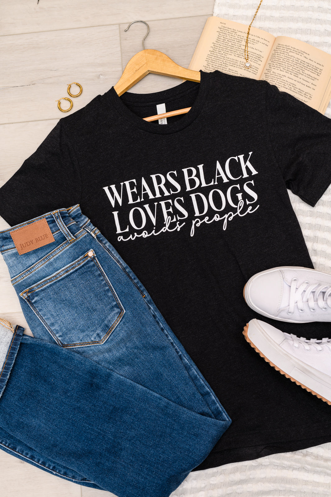 Wears Black, Loves Dogs Graphic Tee in Heather Black-Womens-mercuryfoodservice Shop for Women & Kids