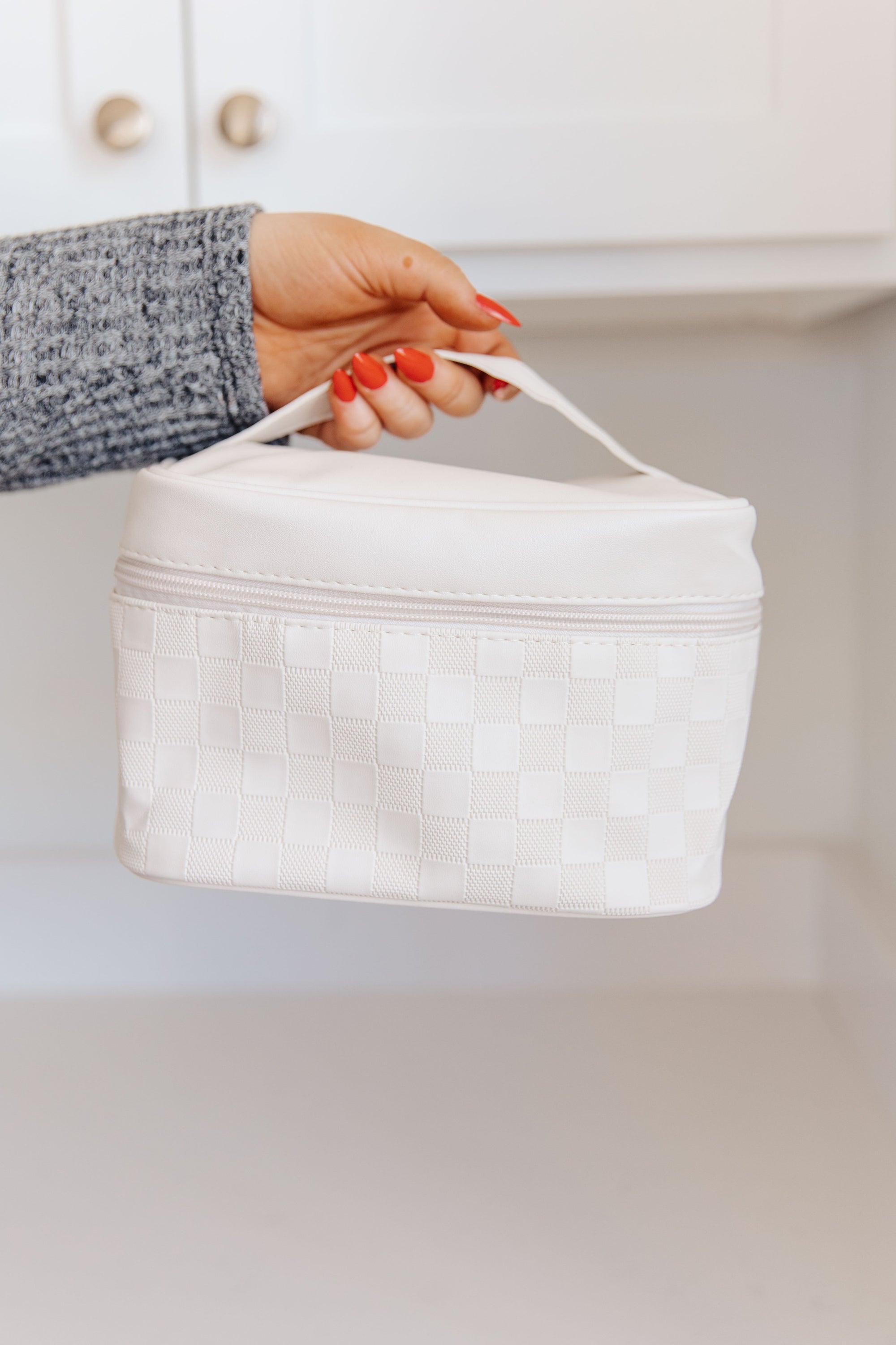 Subtly Checked Cosmetic Bags 3 Piece Set in Ivory-Womens-OS-mercuryfoodservice Shop for Women & Kids