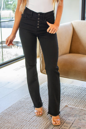 Harriet High Rise Button Fly Bootcut Jeans in Black-Denim-AllyKat Boutique Shop for Women & Kids