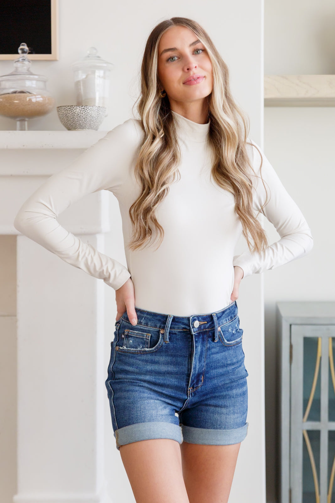 Simple Situation Mock Neck Bodysuit in White Pearl-Tops-AllyKat Boutique Shop for Women & Kids